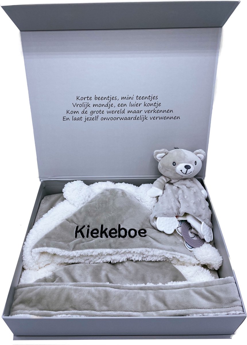Kraamcadeau, kraamcadeau unisex - luxe kraamcadeau -gender reveal - baby omslagdoek / badydeken met knuffel met bijtring - babycape, babydeken - kan ook rechtstreeks worden verstuurd als cadeau