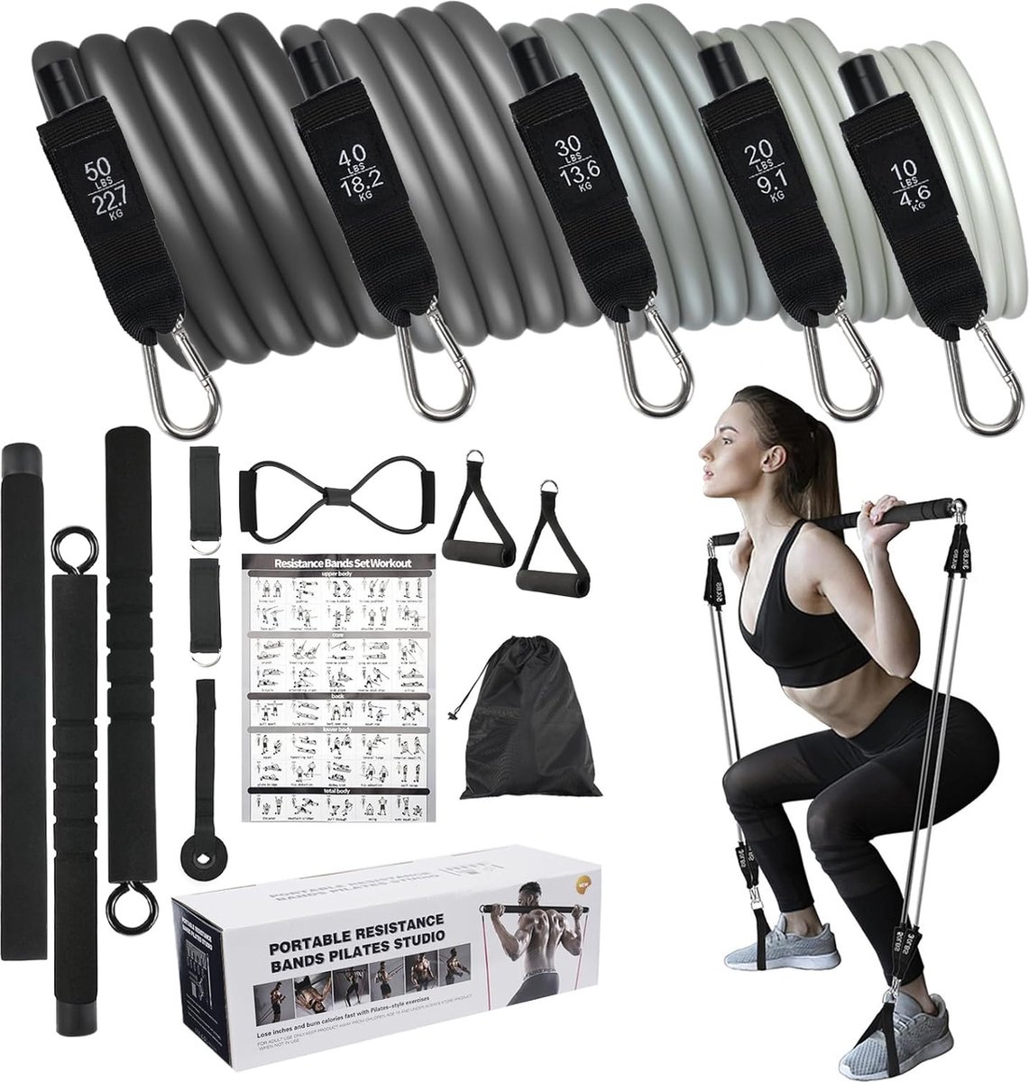Fitnessbanden Pilates-barset met 5 weerstandsbanden 10/20/30/40/50 lbs, weerstandsbanden Fitnessbanden, weerstandsbandenset, verstelbaar en verwijderbaar