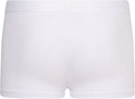 Witte katoenen boxershort voor meisjes, achterkant, met merknaam op de tailleband.