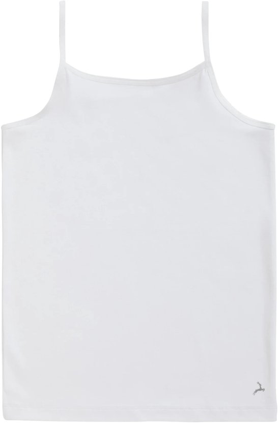Witte basic top met spaghettibandjes en kleine grijze hagedisprint.