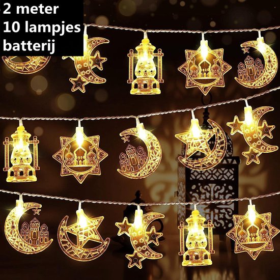 Magische LED-Lichtslinger | Feestelijk & Sfeervol | Perfect voor Ramadan & Eid | 2m, 10 LED's met Sterren, Manen & Kastelen-Warm Wit licht