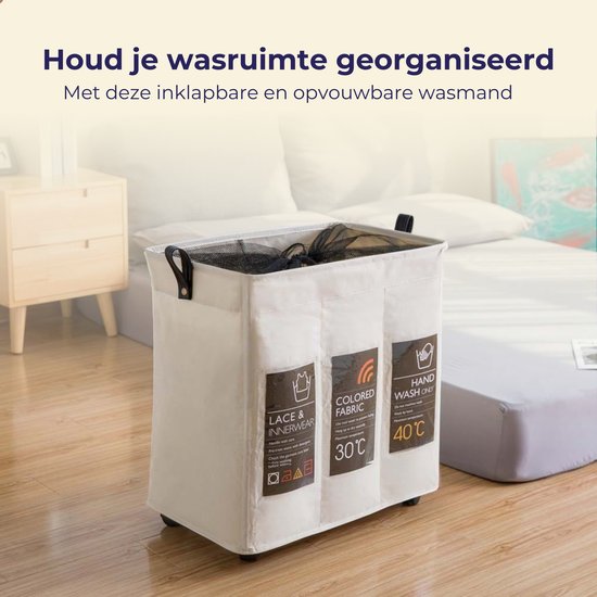 Panier à linge 3 compartiments - Trieur de linge - 95L - Panier à linge pliable - Wit - Pliable - Sur Roues - Avec poignée - Pour Salle de bain, Chambre de bébé, Chambre - Panier de rangement - Panier à jouets