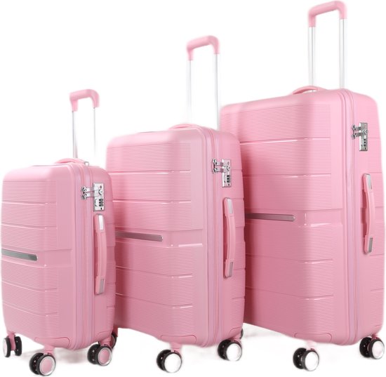 Kofferset Traveleo BABIJ - 3-delig - Complete Set -TSA slot - Koffer - Handbagage 35L + 65L en 90L Ruimbagage Polypropyleen PPS01 Roze