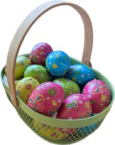 Panier de Pâques rempli d'œufs cachés en chocolat - œuf de Pâques en chocolat - panier en métal - Pasen - œufs - blanc - jaune - noir - manche en bois