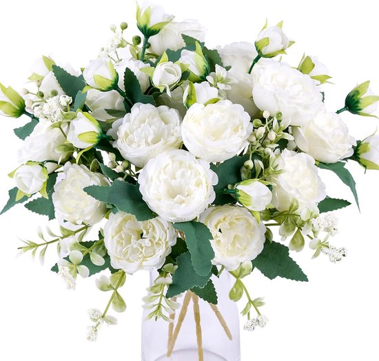 4 lots de pivoines artificielles fleurs blanches, bouquets de pivoines en soie pour centres de table de mariage, arrangement floral, décoration de cuisine à domicile