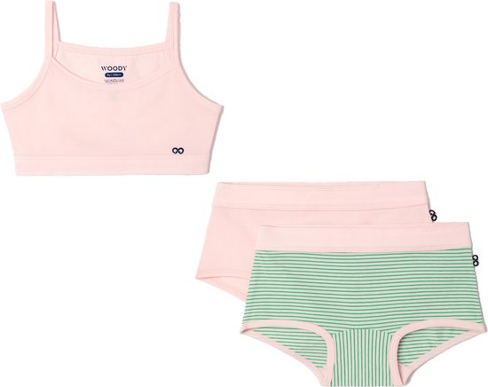 Woody ondergoed set meisjes - streep – roze en groen - 1 topje en 2 boxers - maat 164