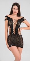 Dames lingerie - sexy visnet bodysuit - Diepe V cut-outs - Kanten rekbaar jurkje met glittersteentjes