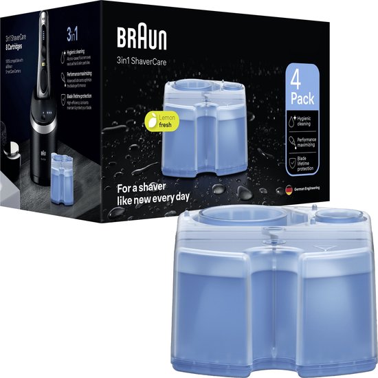 Doos Braun 3-in-1 ShaverCare met scheerapparaat en reinigingsnavulling. "4 Pack".