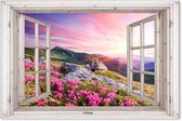 Tuinposter doorkijk raam - Tuindecoratie natuur roze - 120x80 cm - Tuinschilderij voor buiten zonsondergang - Tuindoek bloemen - Wanddecoratie tuin - Schuttingdoek bergen landschap - Balkon decoratie - Muurdecoratie - Buitenschilderij