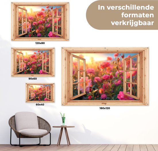 Tuinposter doorkijk bloemen - Lichtbruin raam - Tuindecoratie roze rozen - 120x80 cm - Poster voor in de tuin - Buiten decoratie - Schutting tuinschilderij - Tuindoek muurdecoratie - Wanddecoratie balkondoek