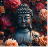 Tuinposter Boeddha - Tuindecoratie Buddha beeld - 100x100 cm - Tuindoek bloemen - Muurdecoratie voor buiten - Schuttingposter - Tuinschilderijen - Tuinwanddecoratie - Tuinposters