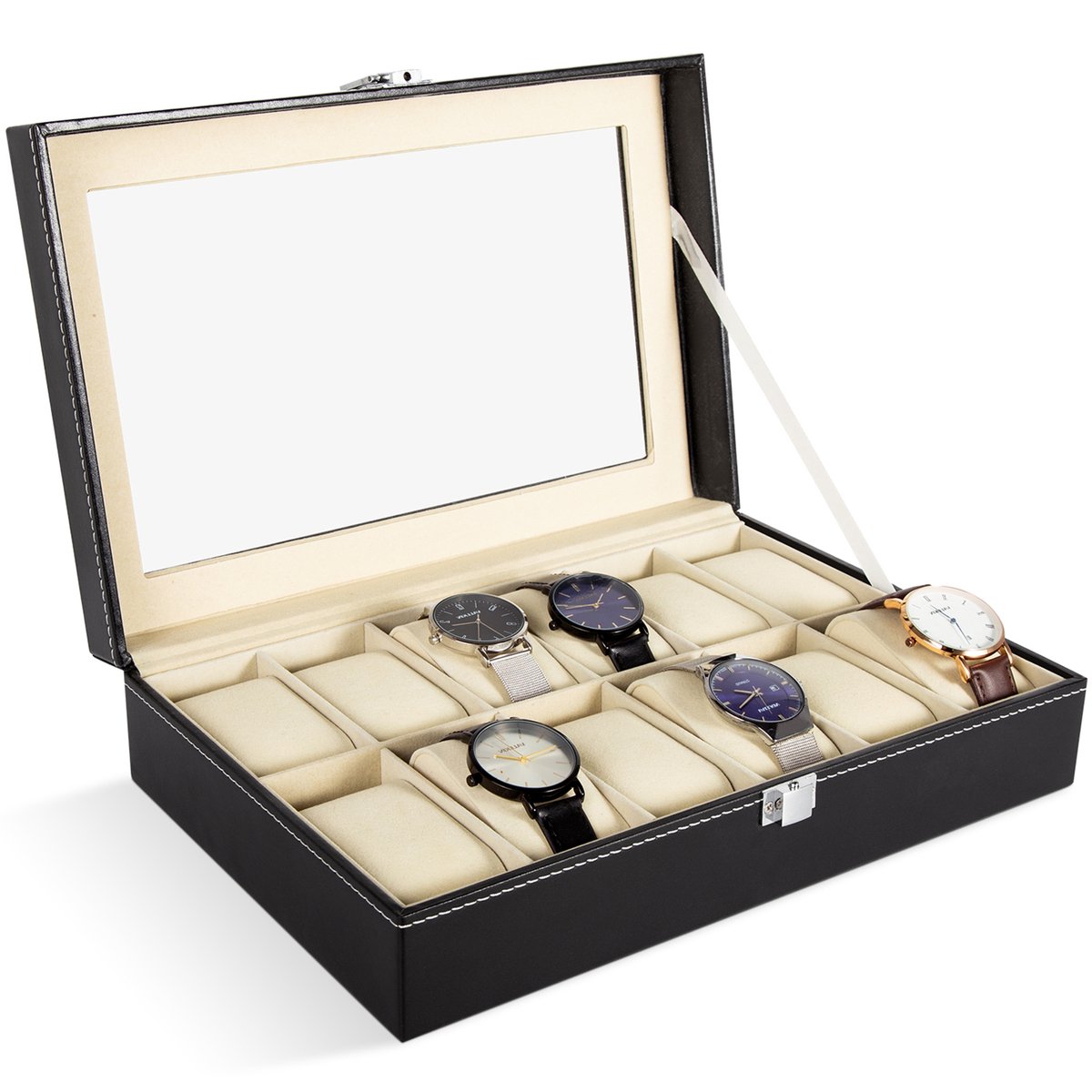 Uten Horloge box voor juwelen en sieraden - Horlogedoos Heren Dames - 10 compartimenten met kussentjes - Beige Zwart