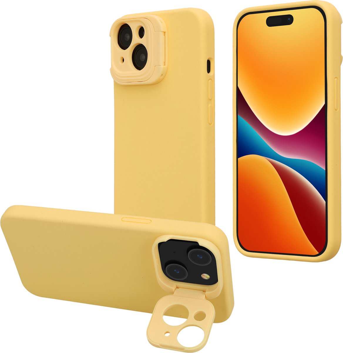 kalibri telefoonhoesje met standaard geschikt voor Apple iPhone 15 cover - Siliconen case compatibel met MagSafe in stralend geel