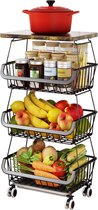 Fruitmand met 4 niveaus voor keuken - stapelbare fruit- en groenteopbergwagen met houten bovenkant, rollende wielen, metalen draadmand, organizer voor uien, aardappelen, opslag, opbergrek, bakken voor