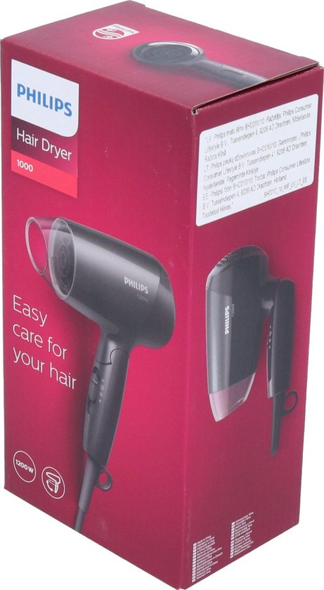Verpakking van zwarte Philips föhn met tekst 'Easy care for your hair' en een afbeelding van de föhn.