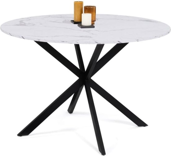 Table à manger Alaska ronde, 4-6 personnes, effet marbre, piètement araignée blanc et métal, 120 cm