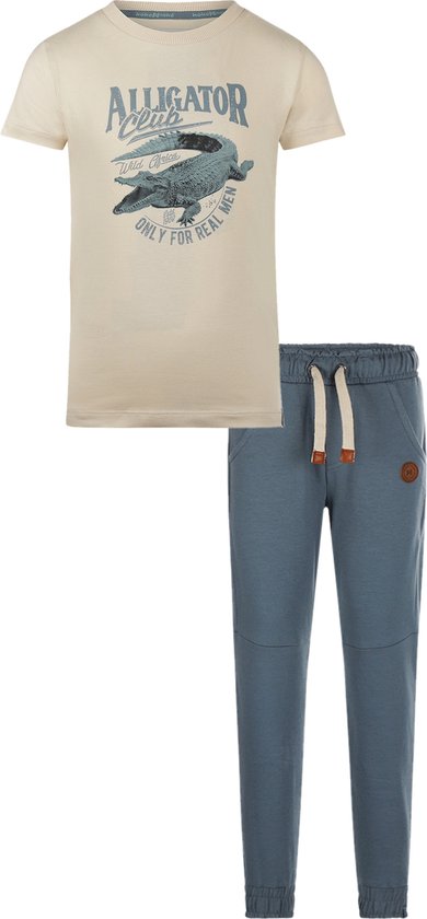 Koko Noko - Kledingset - 2delig - Joggingbroek Sweat Pants Blauw - Shirt Offwhite met blauwe Alligator - Maat 86