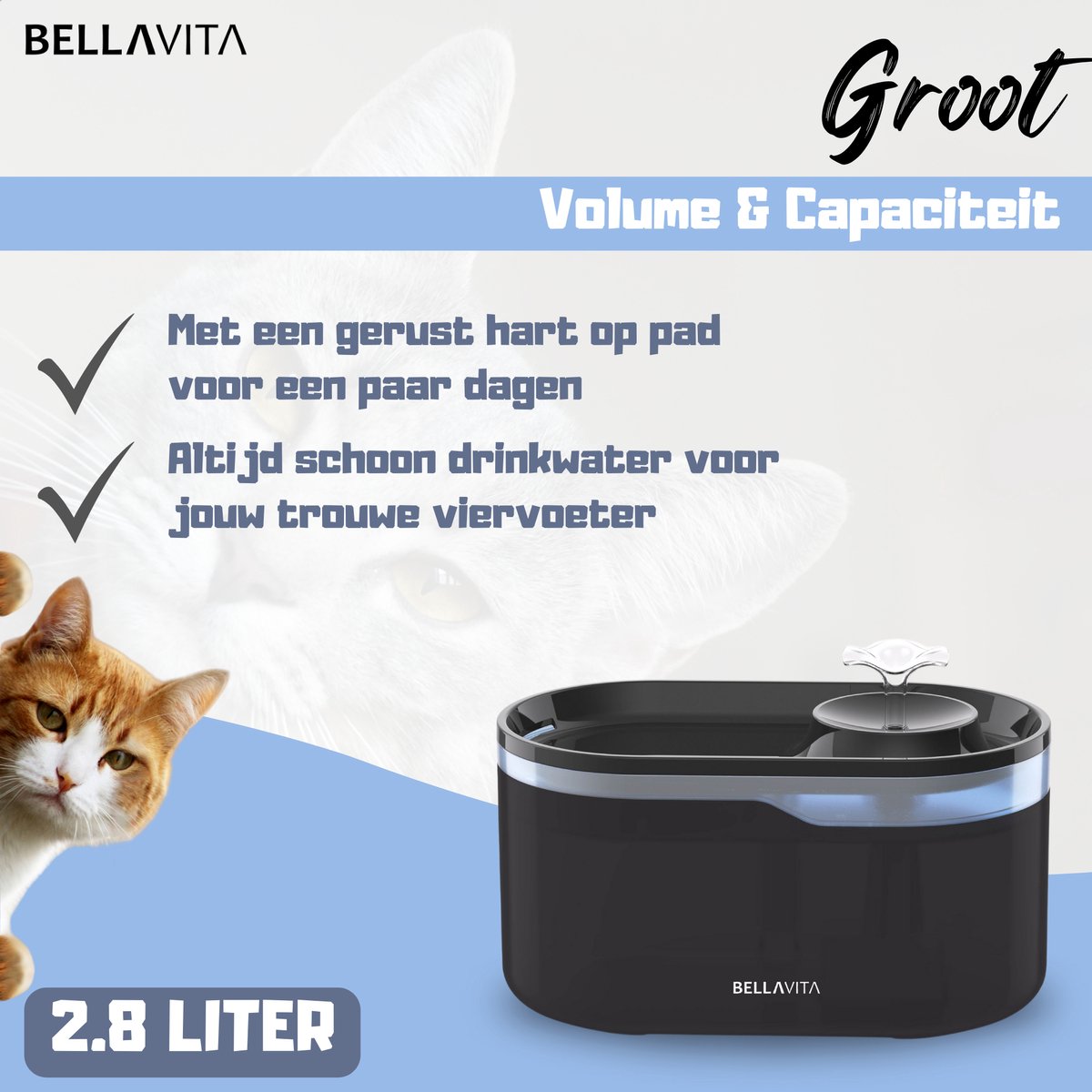 BELLAVITA® Drinkfontein - Waterfontein - Incl. 4 Filters - Waterfontein voor Katten en Honden - 2.8L - Dieren Drinkbak - Zwart thumbnail 5