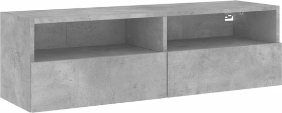 Meuble TV imitation béton gris avec 2 niches ouvertes et 2 tiroirs, suspendu, avec ouvertures à l'arrière.