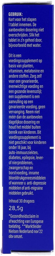 Achterkant van een blauwe Valdispert Slaap & Nacht doos met gebruiksinstructies.