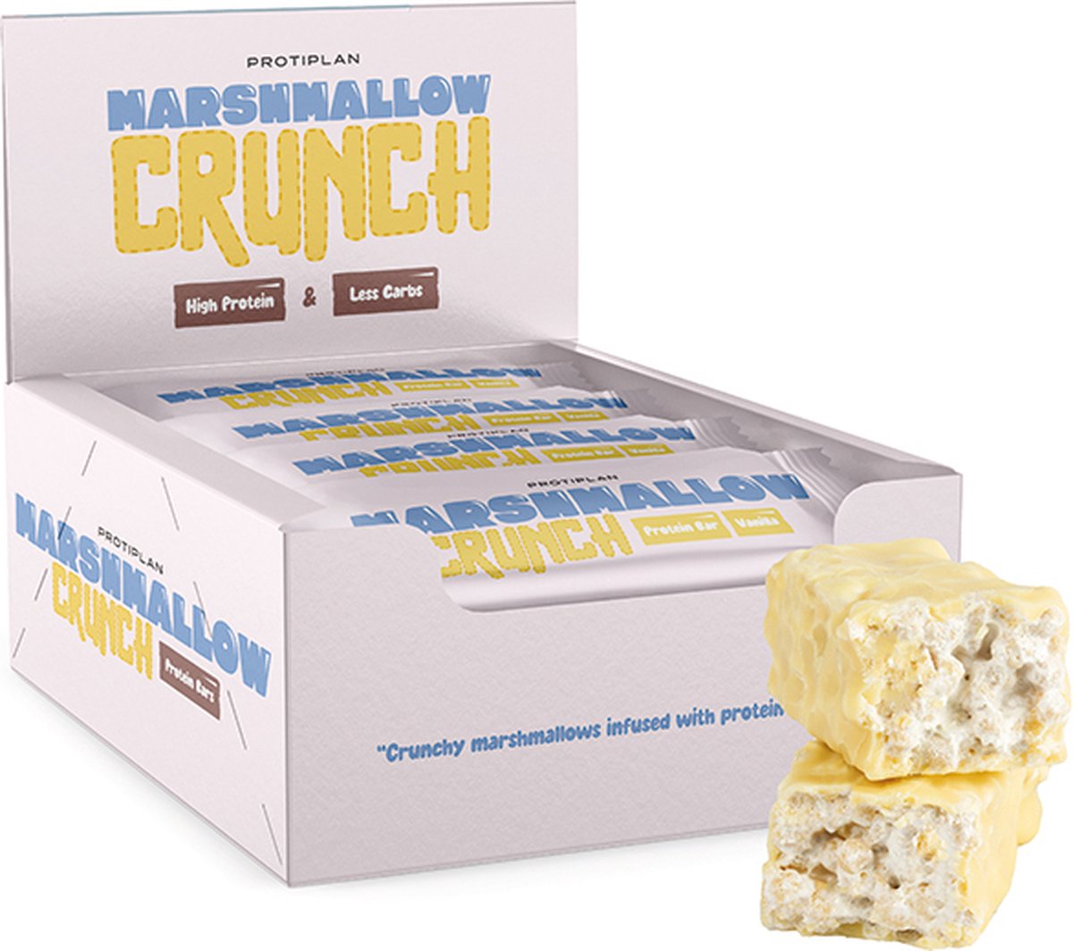 Goedkoopste Protiplan | Protein Bar Marshmallow Crunch | Vanilla | 12 Repen | 12 x 44 gram | Low carb snack | Eiwitrepen | Koolhydraatarme sportvoeding | Afslanken met Proteïne repen | Snel afvallen zonder hongergevoel!