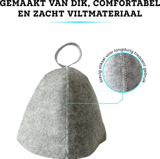 Grijze vilten saunamuts met stevige stiksels en lus. Gemaakt van dik, comfortabel en zacht vilt.