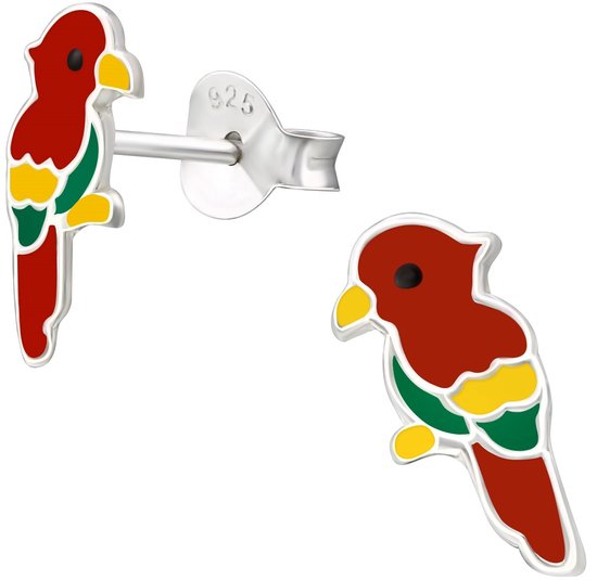 Joy|S - Zilveren papegaai oorbellen - 5 x 11 mm - rood geel groen - kinderoorbellen