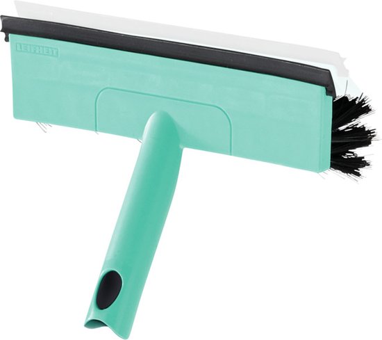 Raclette de fenêtre turquoise avec brosses noires et raclette blanche, avec poignée.