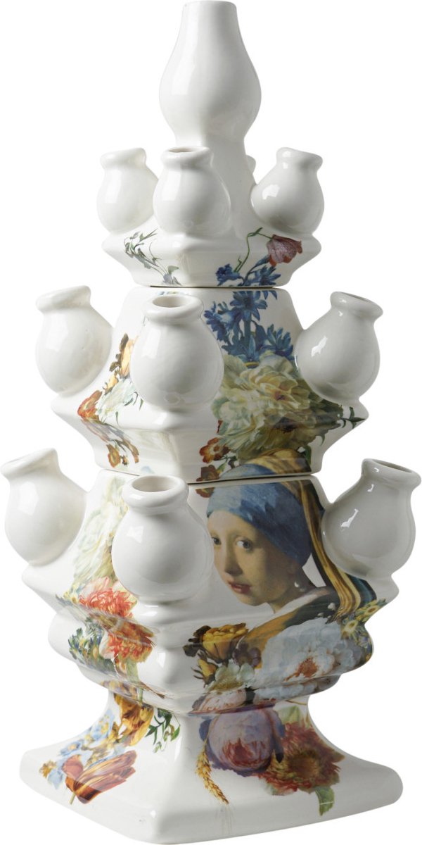 Tulpenvaas - Heinen Delfts Blauw - Driedelig - Vermeer - Piramide vaas - Meisje met de Parel - Hoogte 40 cm