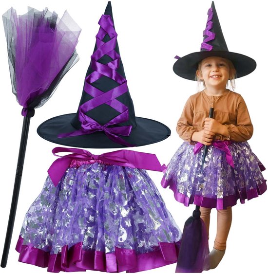 Playos® - Kostuum Heks - Paars - met Hoed en Bezem - 3 tot 6 jaar - Kinderen - Verkleedkleding - Halloween - Carnaval