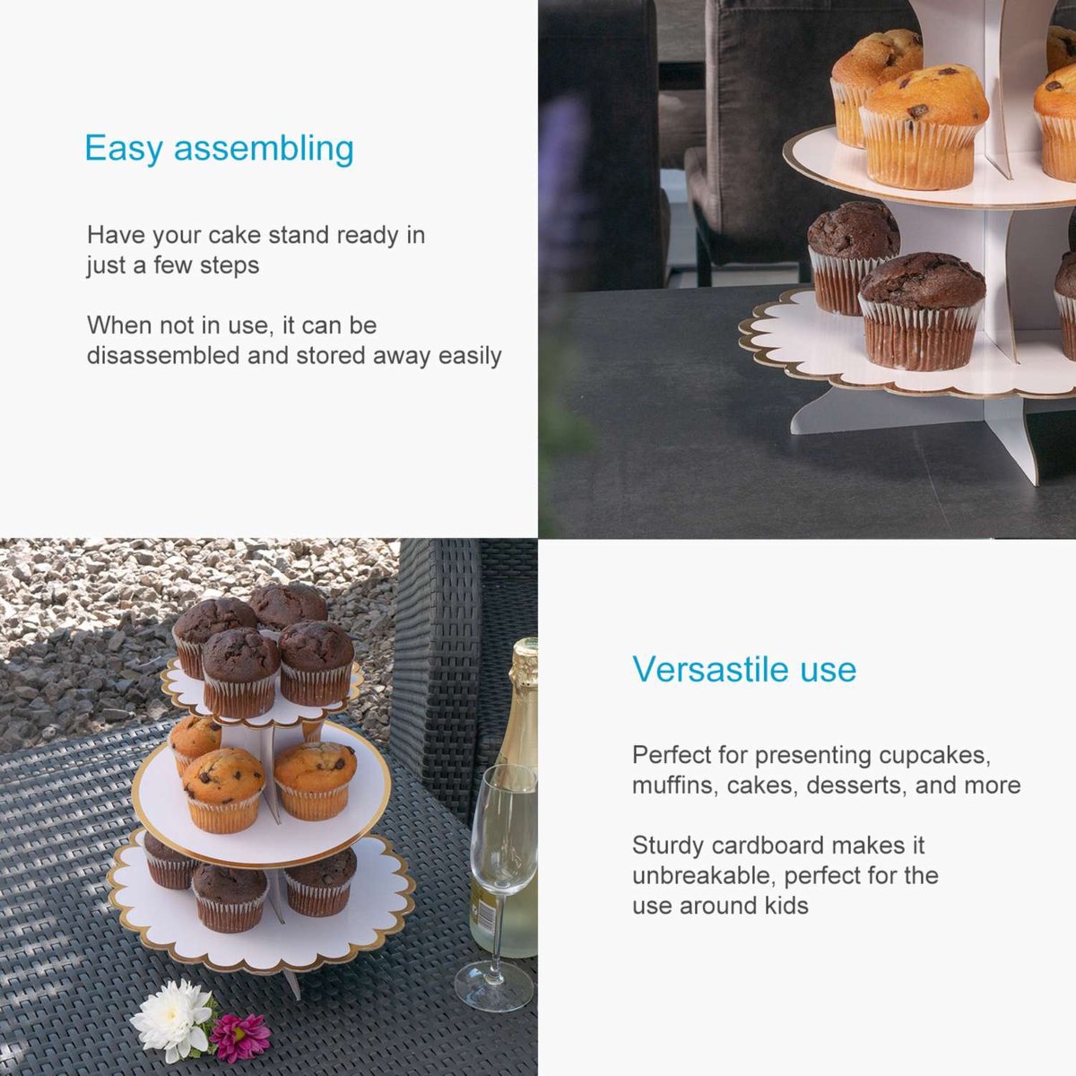 Présentoir à Gâteaux 3 étages Intirilife - Carton Noir - 29/21,5/16 Cm - Facile à Monter - Pour Buffet Et Fêtes