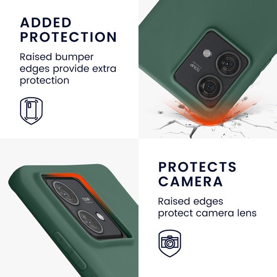 Groene telefoonhoes met verhoogde randen ter bescherming van de camera en het scherm.