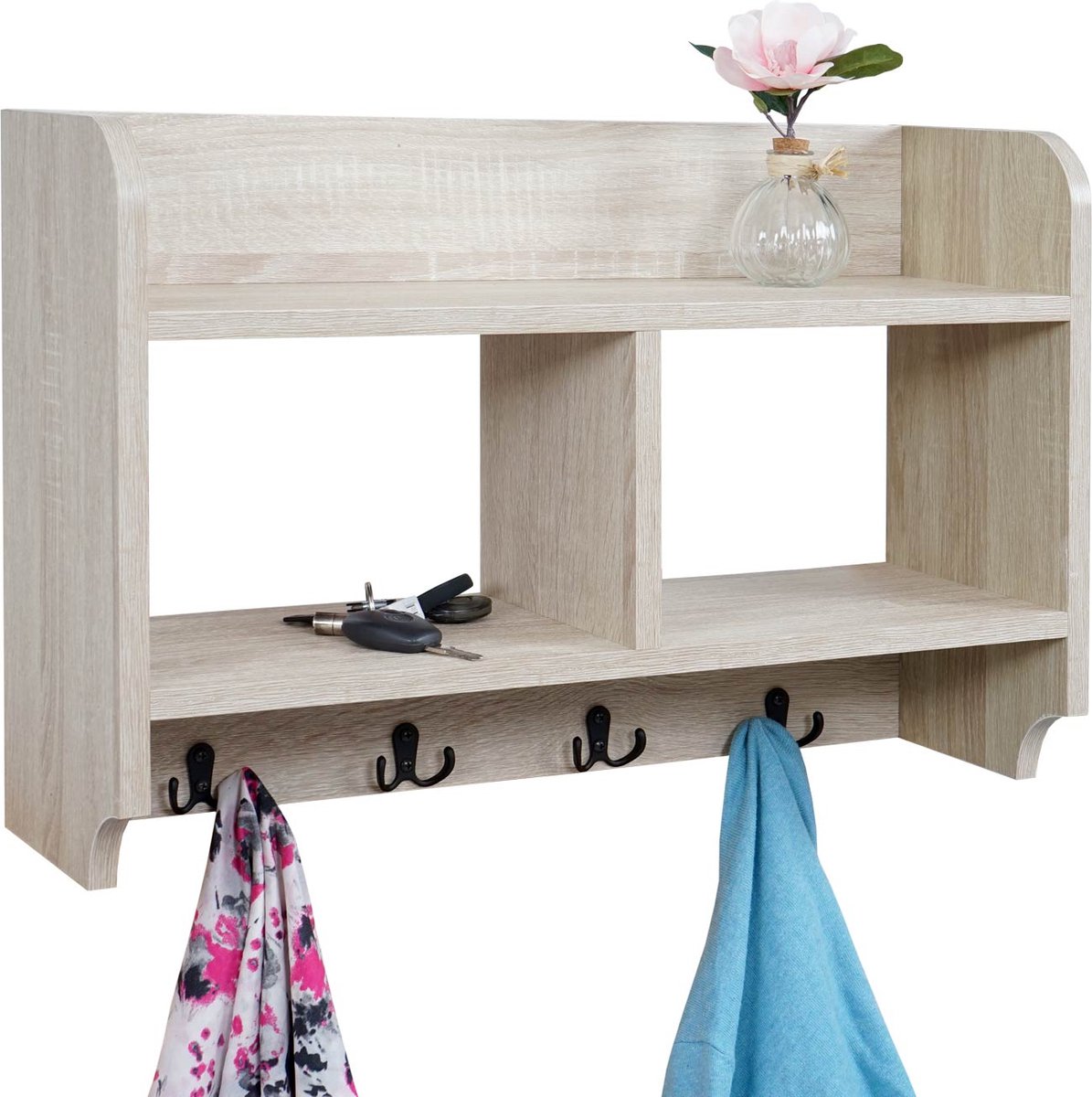 Cosmo Casa Wandgarderobe - Kapstokplank - 4 Haken 2 Plankvakken - 41x60x19cm 3D - structuur - Eikenhoutlook