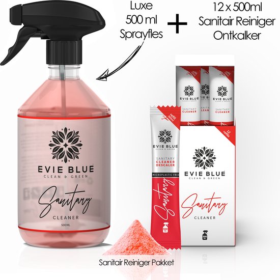 EvieBlue Badkamerreiniger Floral - Try Me pakket 6 liter (12 x 500ml) - Voor een blinkende badkamer - 12 universele ECO doseringen plus herbruikbare fles (bottle for life) - 100% plasticvrij verpakte navullingen.