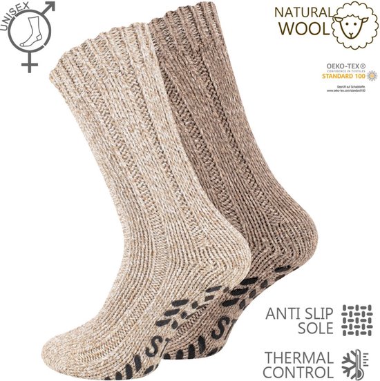 Chaussettes chaudes de maison en laine norvégienne - chaussettes d'hiver - avec antidérapant - 39/42 - 2 paires - marron - Chaussettes d'intérieur en laine de mouton - femmes et hommes