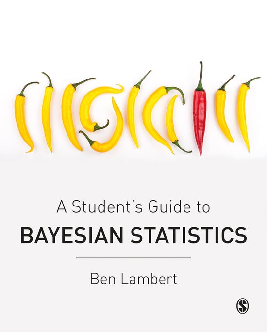 Titel 'A Student's Guide to Bayesian Statistics' met een rij gele pepers en één rode peper.