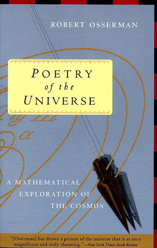 Boek 'Poetry of the Universe' door Robert Osserman, met een geel vlak met de titel en een weegschaal, en een wiskundige formule.