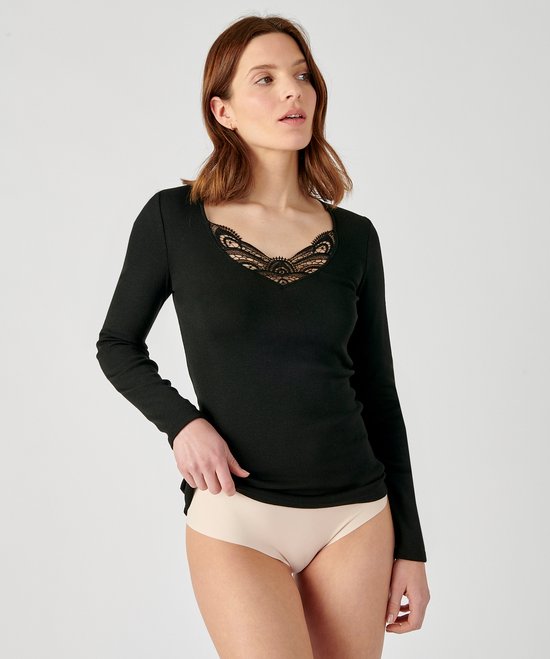 Damart - T-shirt met lange mouwen fijn geribd guipure kant Thermolactyl - Dames - Zwart - L