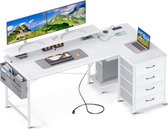 Bureau en forme de L, bureau d'angle, blanc, avec prise et prise de chargement USB, coin table de jeu avec 4 tiroirs et étagère pour moniteur, table d'ordinateur en forme de L pour atelier à domicile, 140 x 80 x 87 cm