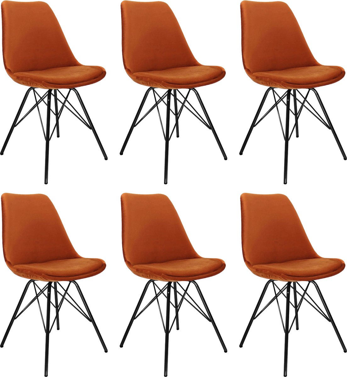 Kick Collection KICK® VELVET Kuipstoelen Oranje – Set van 6 – Eetkamerstoelen – Velvet – Zwart Frame