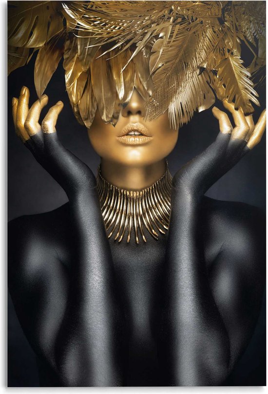 Glasschilderij Woman with golden feathers 116x78 cm