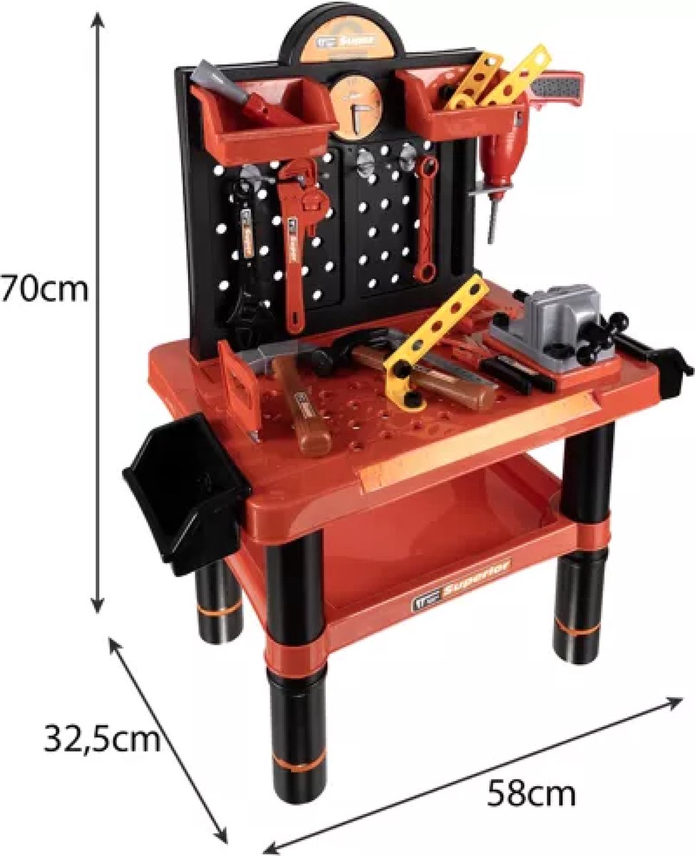 Playos® - Speelgoedwerkbank - Rood / Zwart - met Boormachine - Gereedschap - Klussen - Rollenspel Speelgoed - Educatief Speelgoed - Speelgoed Gereedschap - Werktafel - Werkbank -Bouwset — afbeelding 12