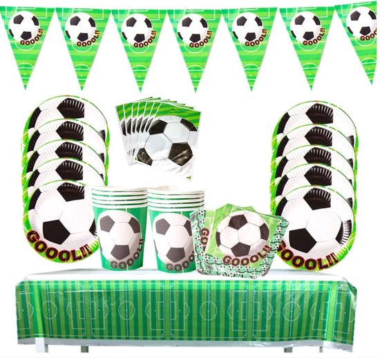 52 delige voetbal feest decoratie set - Uitdeel - Traktatie - Football - Verjaardag - Feestje - 20 Servetten - 10 Bekers - 10 Bordjes - 10 uitdeelzakjes - 1 Slinger met Vlaggetjes - 1 Tafelzeil - Goal