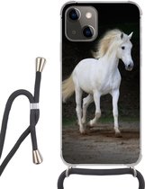 Hoesje met koord Geschikt voor iPhone 13 Mini - Paarden - Zand - Donker - Siliconen - Crossbody - Backcover met Koord - Telefoonhoesje met koord - Hoesje met touw