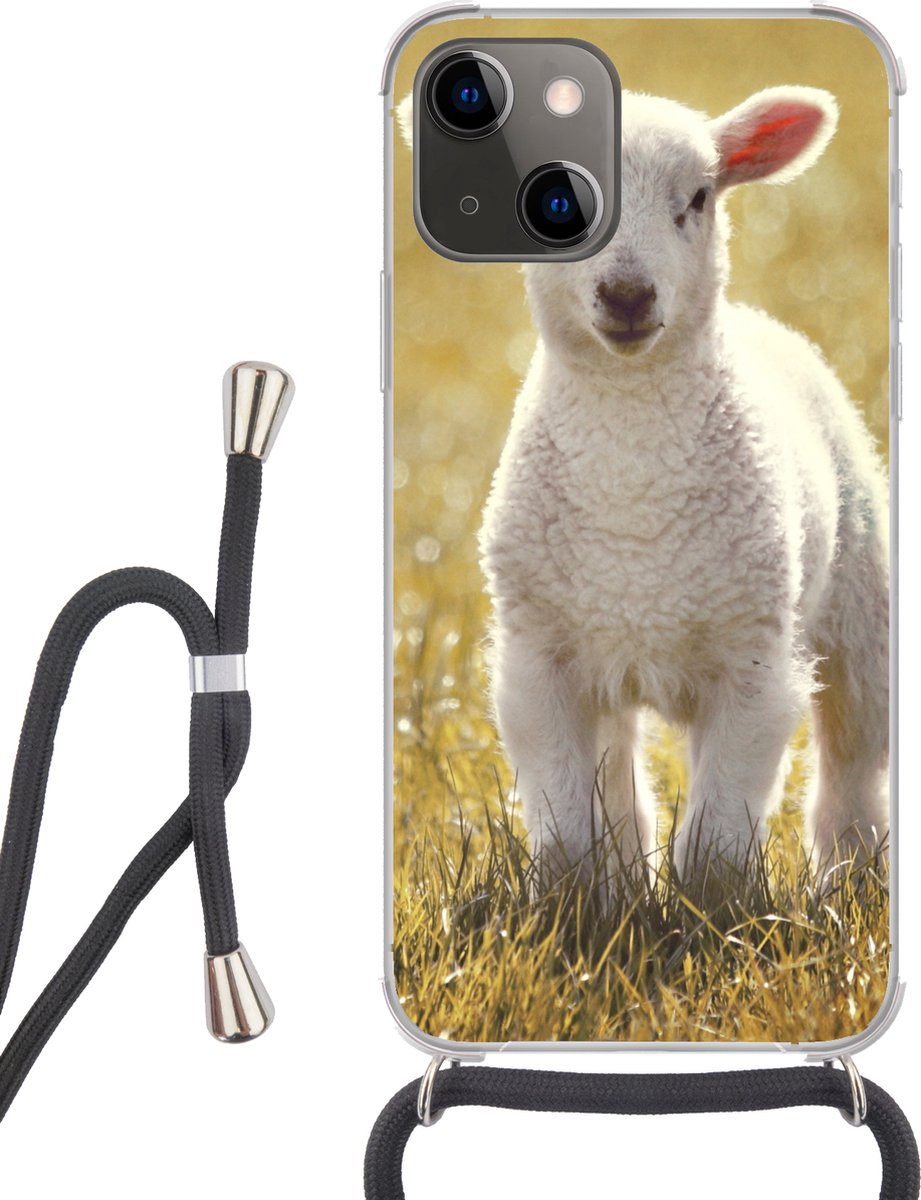 Telefoonhoesje Geschikt voor iPhone 13 - Lam - Gras - Zon - Siliconen - Crossbody - Backcover met Koord - Telefoonhoesje met koord - Hoesje met touw Telefoonhoesje
