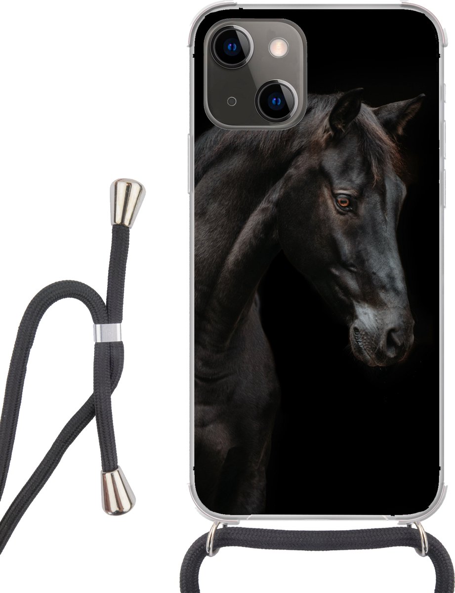 Telefoonhoesje Geschikt voor iPhone 13 - Paard - Dieren - Zwart - Portret - Siliconen - Crossbody - Backcover met Koord - Telefoonhoesje met koord - Hoesje met touw Telefoonhoesje