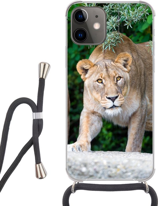 Foto: Hoesje met koord geschikt voor iphone 12 mini leeuwinnen wilde dieren jacht siliconen crossbody backcover met koord telefoonhoesje met koord hoesje met touw