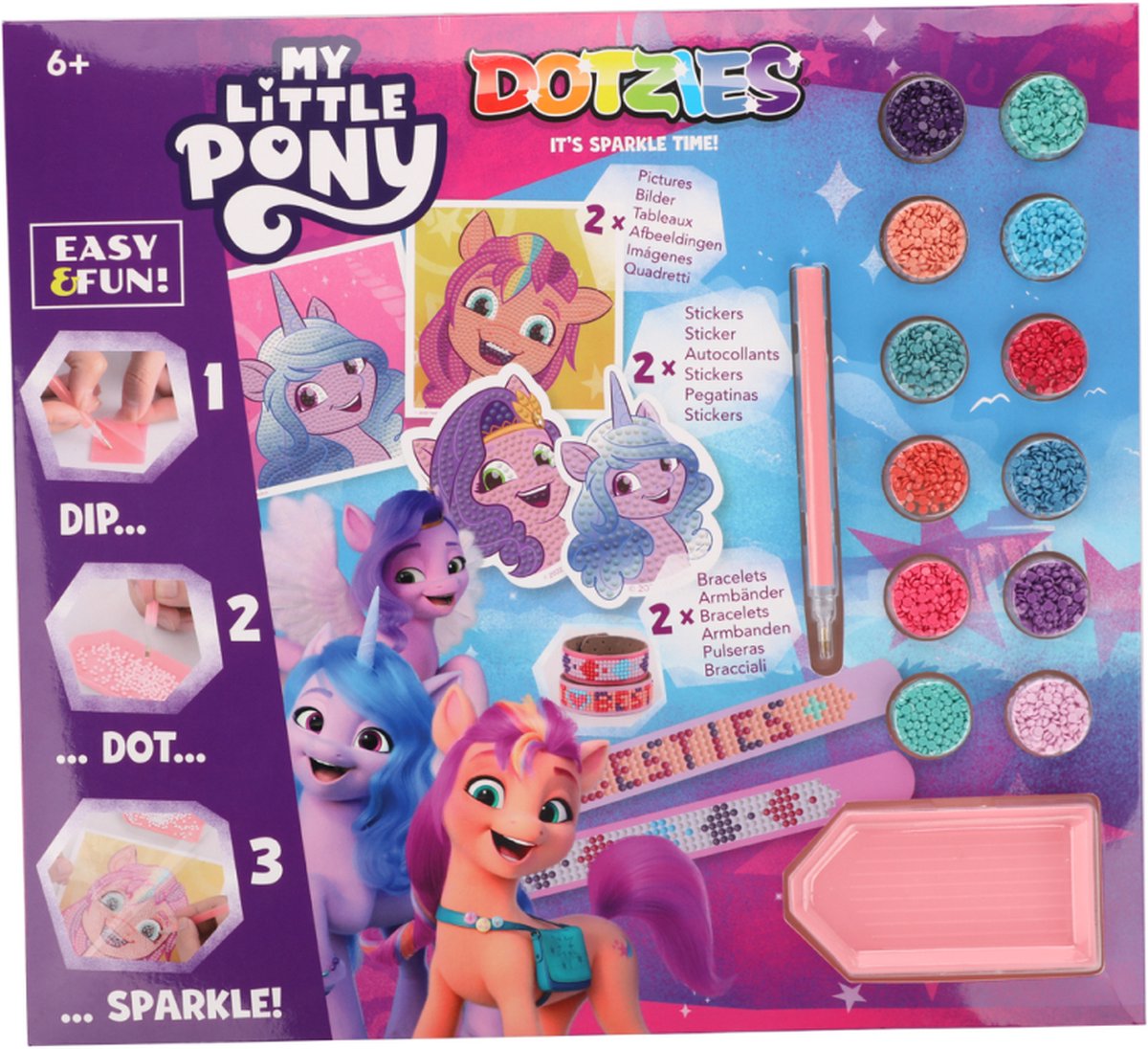 DIAMOND DOTZ - My Little Pony Megapack DOTZIES 6-delig - Diamond Painting - 2 Armbandjes, 2 Stickers, 2 Afbeeldingen 15x15 cm - 2.596 Dotz - Complete DIY Set Voor Kinderen Vanaf 6 Jaar - Roze/Paars