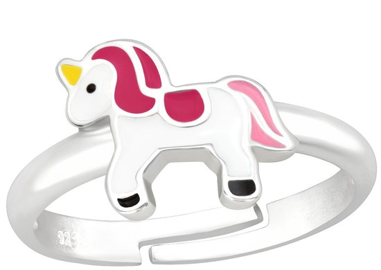 Joy|S - Zilveren eenhoorn ring - verstelbaar - unicorn - wit roze met geel - voor kinderen