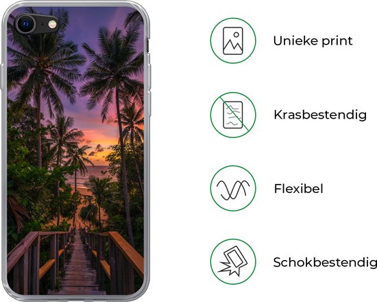 Convient pour coque iPhone SE 2020 - Coucher de soleil - Palmiers - Plage - Coque de téléphone en Siliconen